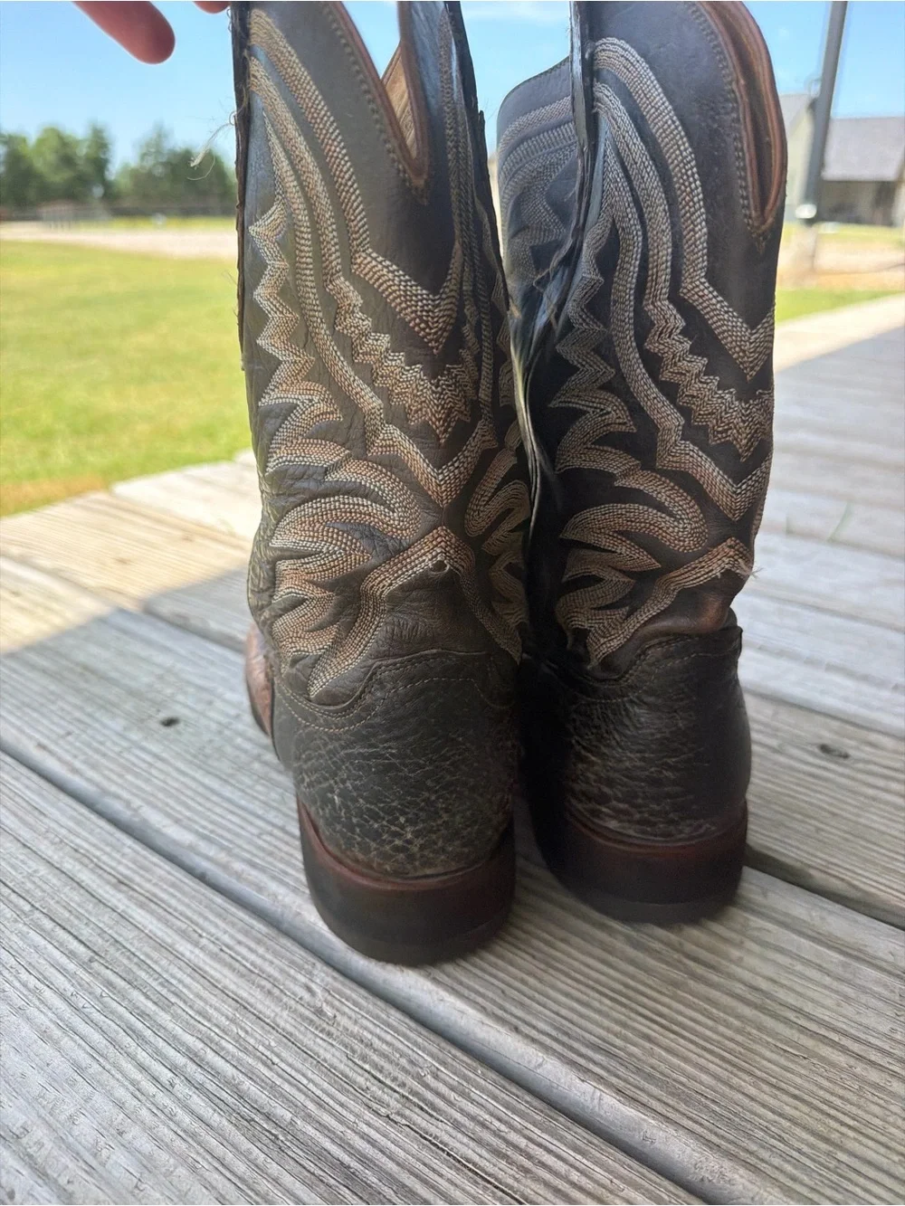 LUCCHESE MEN'S BARREL BROWN AND CHOCOLATE CAIMAN TAIL WIDE SQUARE TOE EXOTIC